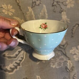 Fine China Pastel Pale mint white Polka dot and Roses Tea cup Saucer not used